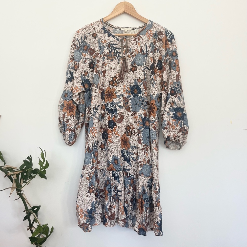 Kate & Sam Boho Floral Print Women's Dress Sz Small Batik Pattern Brown Blue